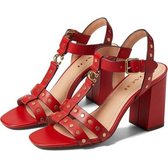 Coach Women's Sandals Margaret Leather Ankle Strap Open Toe Block Heel Red 7 B - Picture 1 of 8